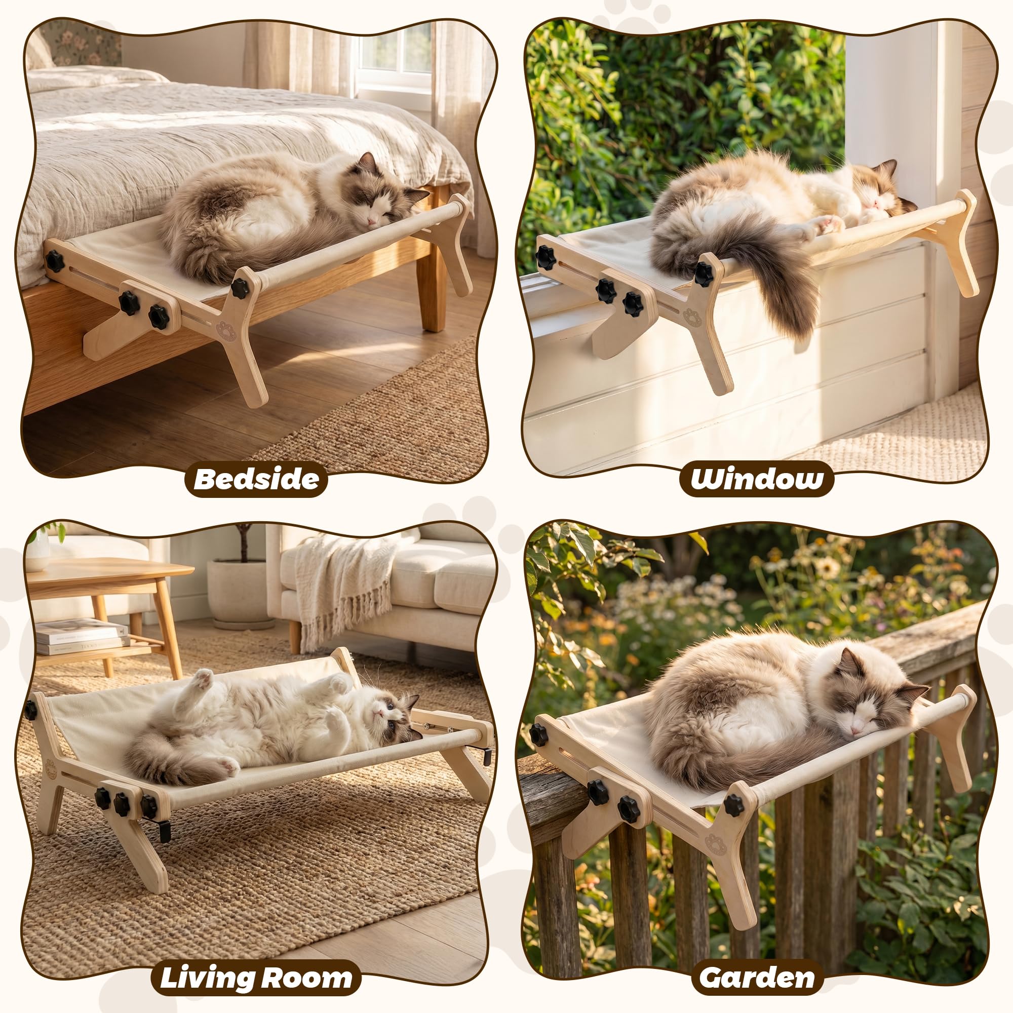 Katzen Fensterbett - Heizkörper Katzenbett Fenster Hängematte Katzenliege mit verstellbaren Haken freistehend Holz Katzen Sofa für Katze kleine Hunde bis 18kg Fensterbank Bett Schublade