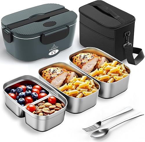 Miniatura 12 de Lonchera Eléctrica Calefaccionada, lonchera eléctrica de 120 W para adultos con contenedor de acero inoxidable 304 de 1.5 L, lonchera eléctrica