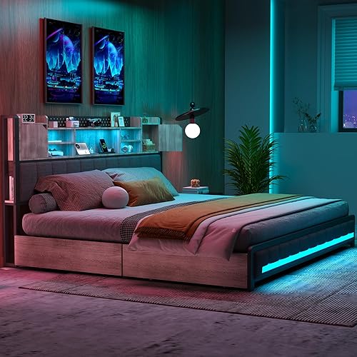 Miniatura 8 de CSZZD Base de cama Queen con 4 cajones de almacenamiento y cabecera de estantería, marco de cama LED tapizado Queen con estación de carga tipo C y