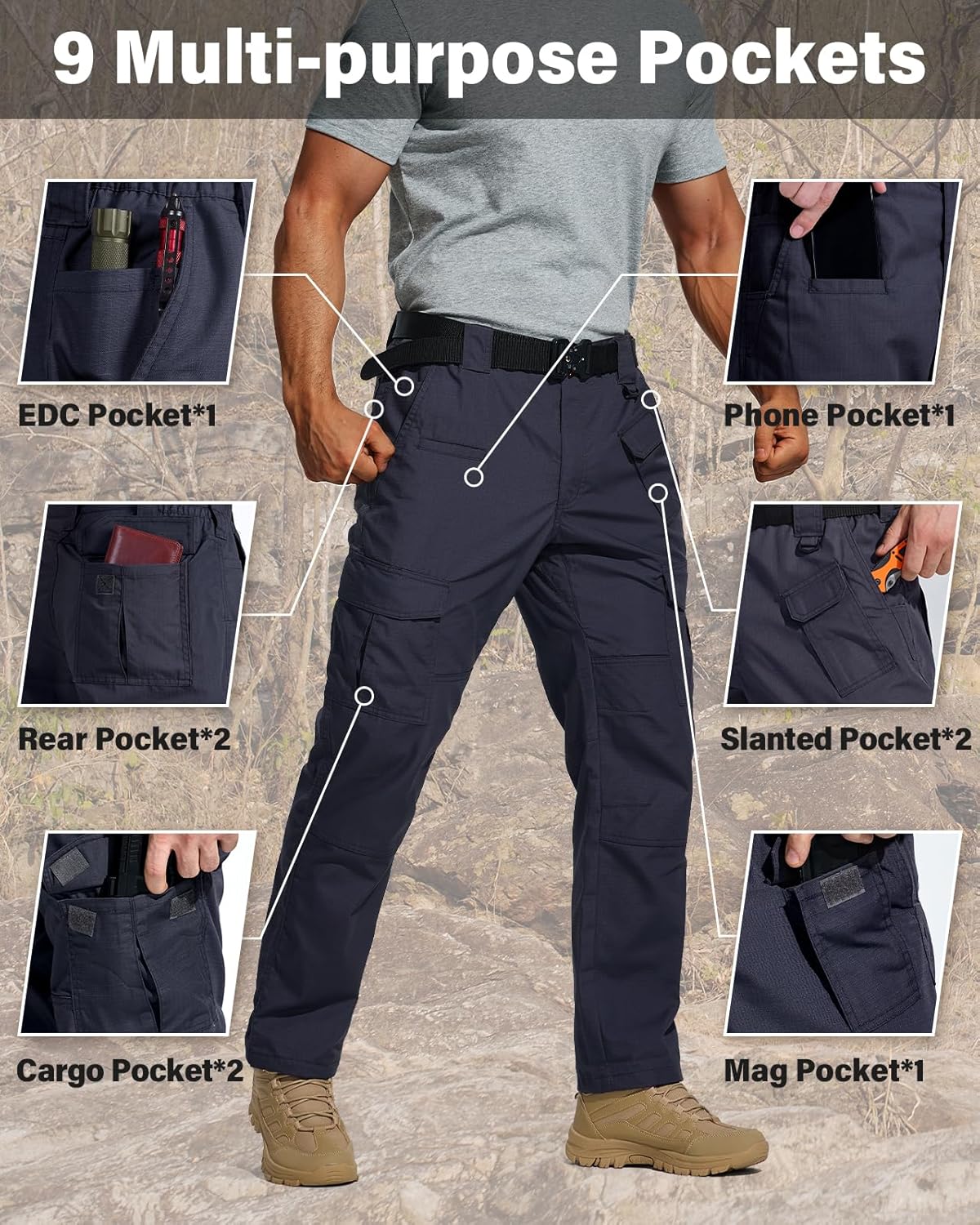 HISEA Men's Ripstop Tactical Pants, Water Resistant Work Cargo Pants, Lightweight Outdoor Hiking Construction Pants - Image 4