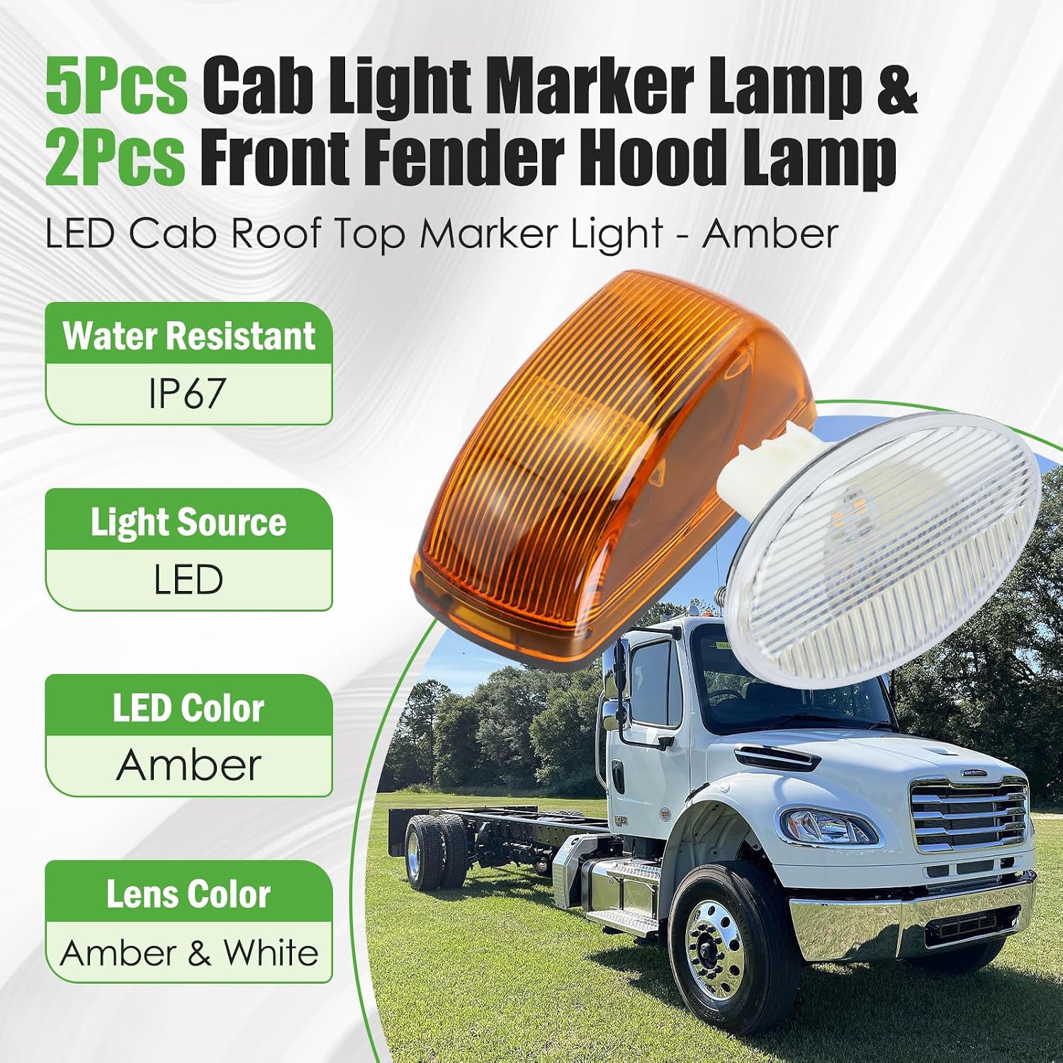 5Pcs Cab Light Marker Lamp & 2Pcs Front Fender Hood Lamp Compatible with Freightliner M2 106 2003-2018, M2 112 2003-2018 Replaces A06-40578-000 A06-40131-000