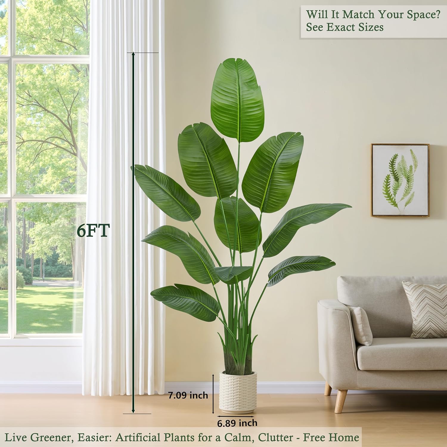 Artificial Bird of Paradise Plant: 6FT Faux Traveler's Palm Fake Banana Tree Elephant Ear Leaf Tall Silk Floor Plant in White Pot for Home Decor Indoor Office Entryway Balcony Patio Cafe Hotel