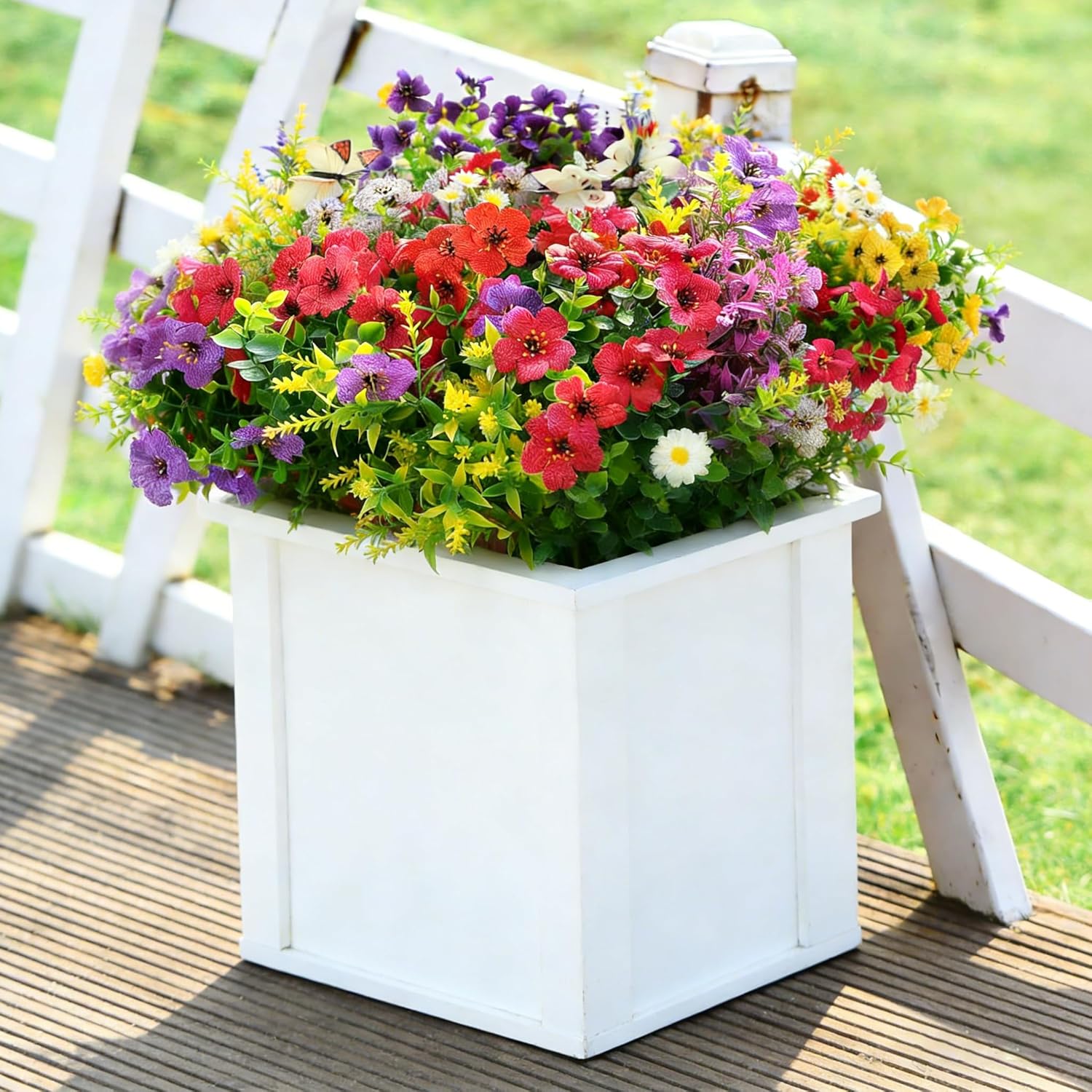 24 Bundles Artificial Flowers for Outdoor, UV Resistant Faux Flowers with 12 Butterflies, Fake Daisy Lavender Eucalyptus Plants for Window Box Garden Porch Patio Decor, Mixed Colors