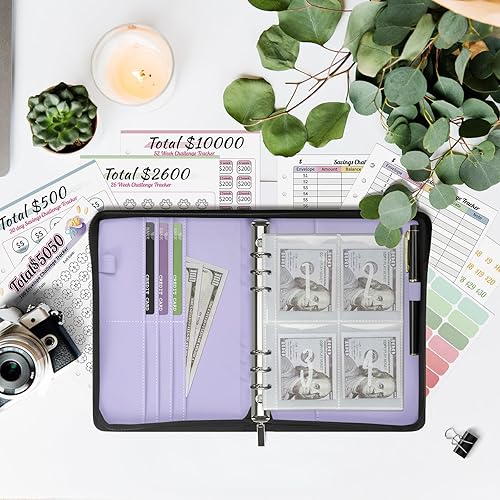 Vista 8 de Ospelelf Carpeta de piel sintética con cierre de cremallera, 100 sobres, para ahorro de dinero, para dinero en efectivo 2025, color negro