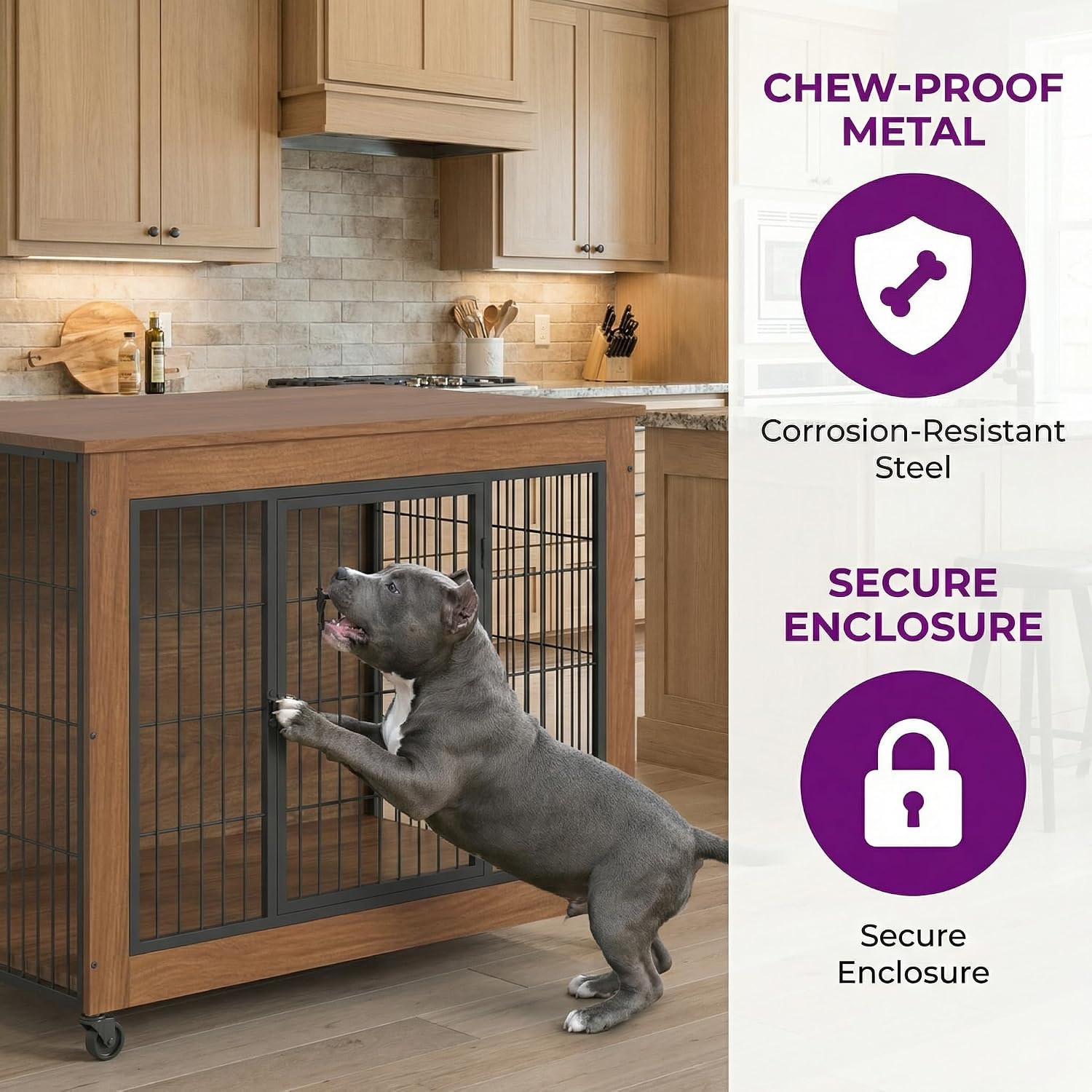 32.5'' Dog Crate Furniture with Movable Lockable Wheels & Ventilation Design, Dog Kennel with Side Table Top & Secure Slide-Locks for Small Medium Dogs Indoor, Brown