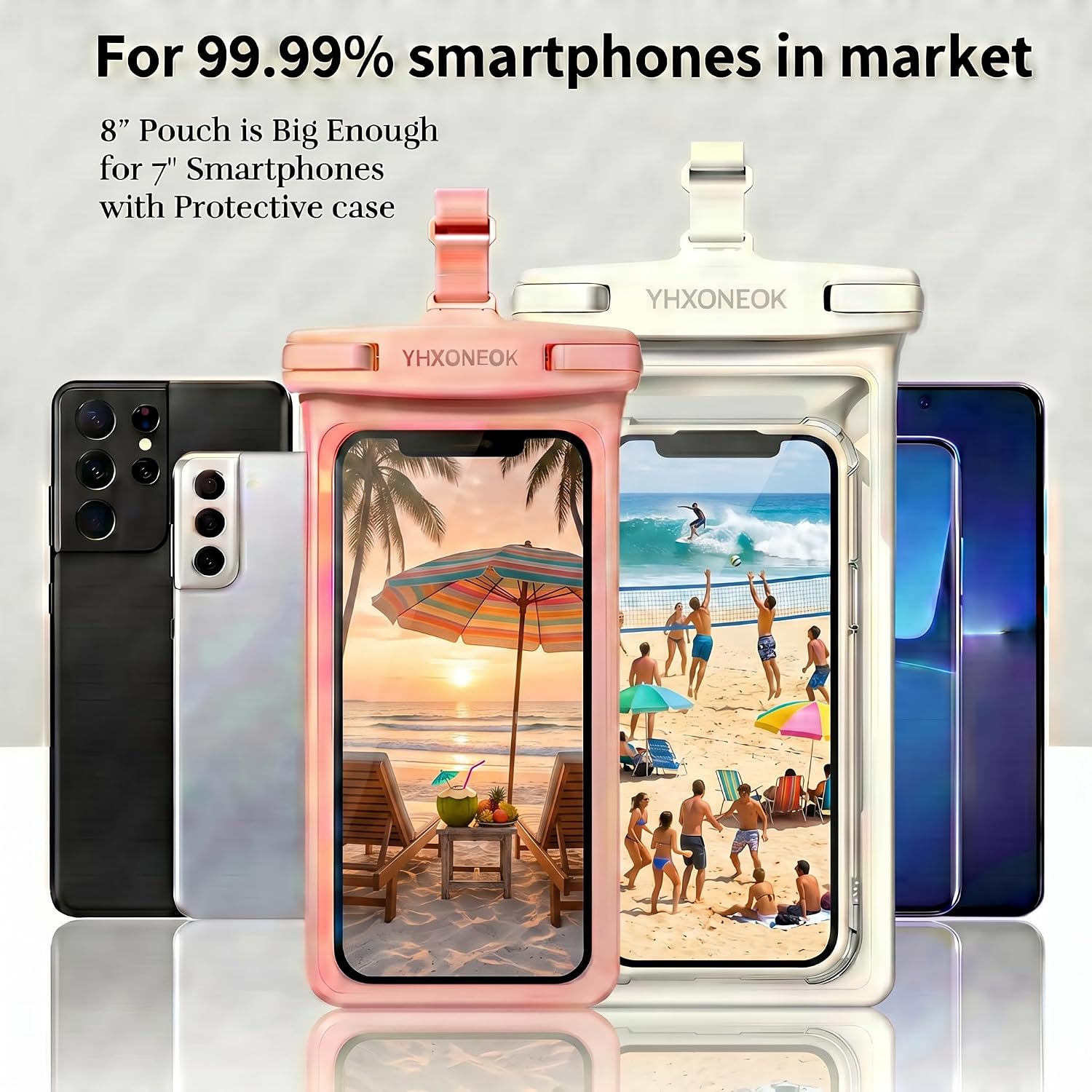 Waterproof Phone Pouch 2-Pack, IPX8 100FT Waterproof Case for iPhone & Samsung with Premium TPU Touch Screen & Lanyard, Perfect for Beach, Cruise, Kayak & Swimming - 7" Pink + 8" White