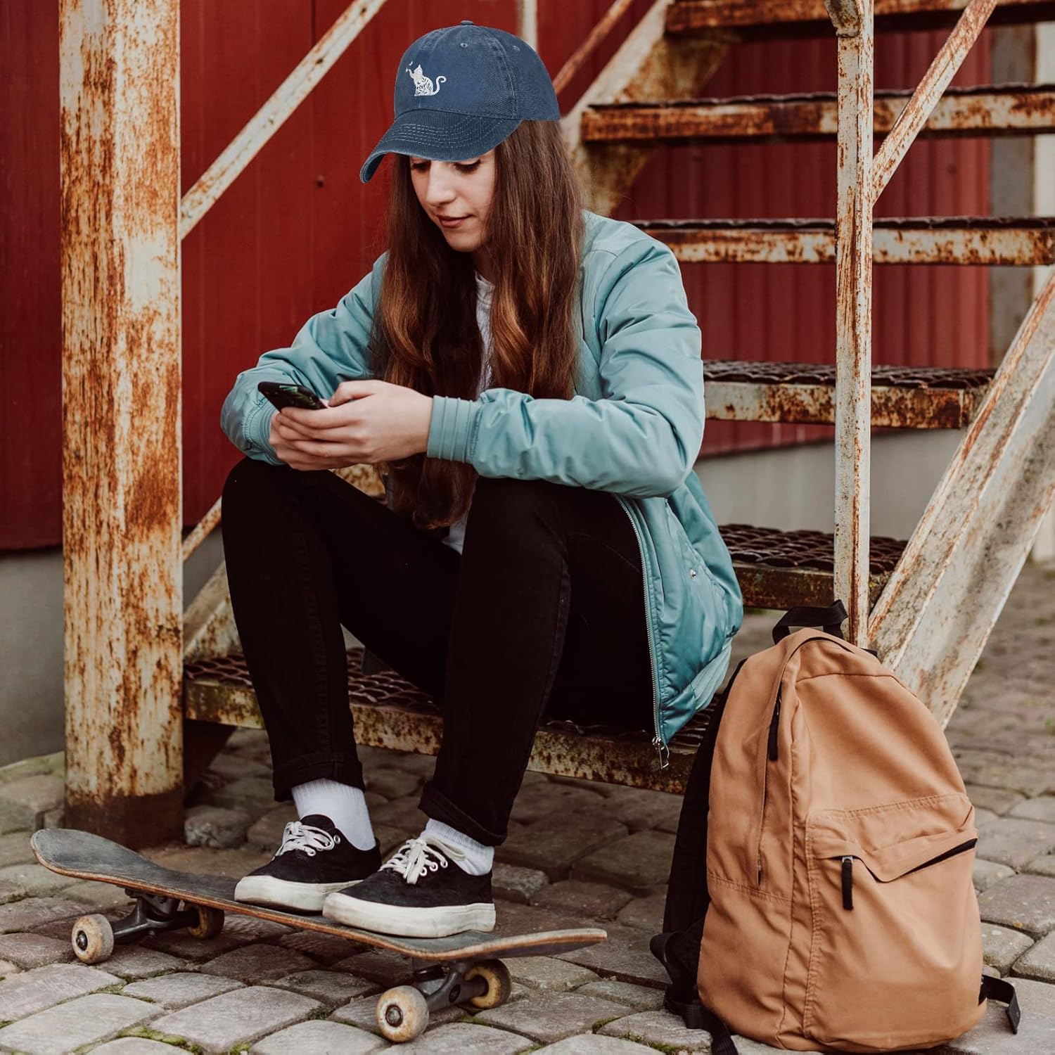 Women's Floral Cat Hat for Cat Lovers, Vintage Distressed Washed Adjustable Baseball Cap for Men and Women - Image 6