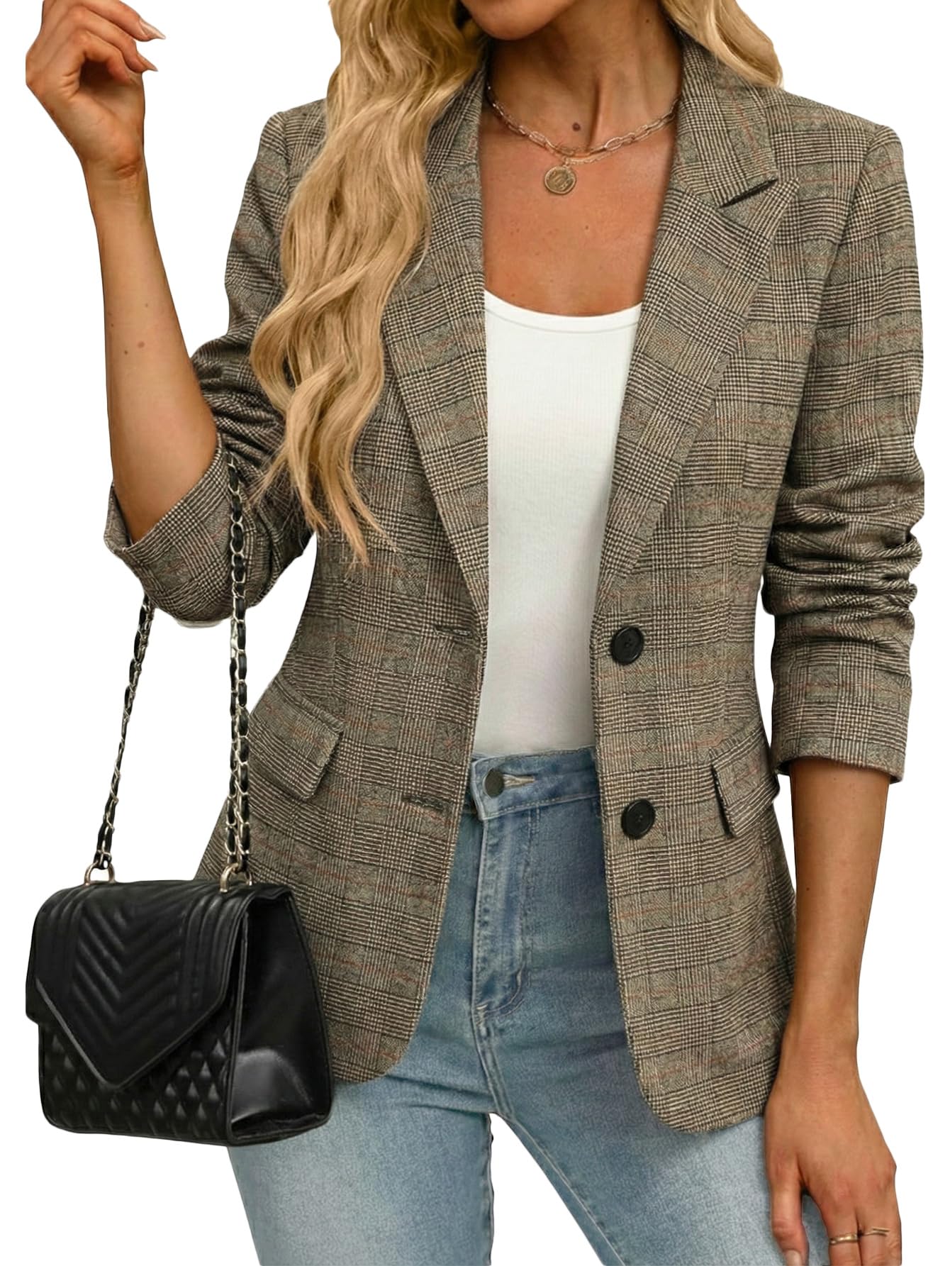 Mina Self 2025 Womens Winter Herringbone Tweed Blazer - Warm Fully Lined Notched-Lapel Plaid Work Office Jacket with