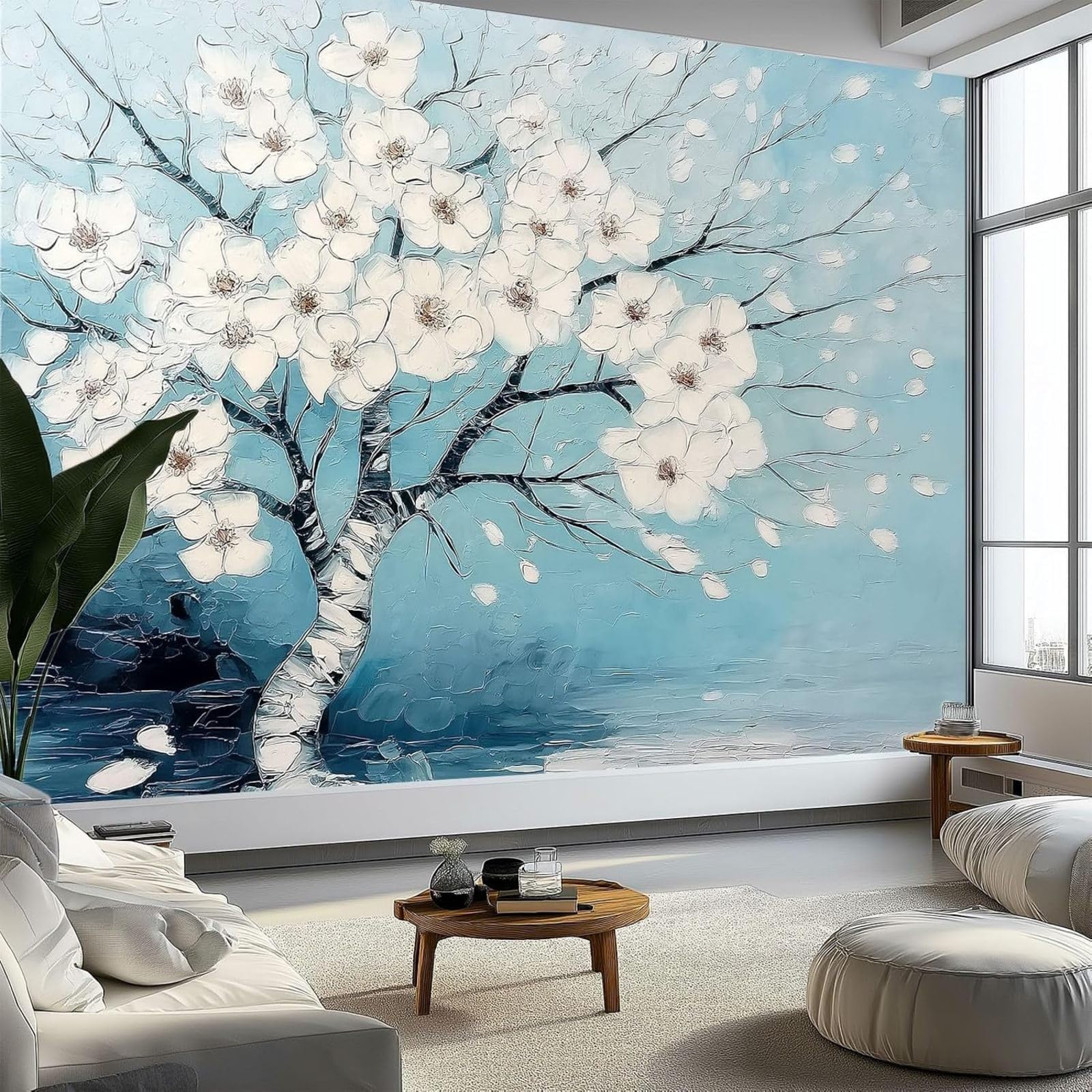 kfjhgbdshhj Photo Wallpaper, Non-Woven Wallpaper, wall Covering, Oil Painting, White Flowers, wall, Bedroom, Living Room, Blue, 200cm x 140cm