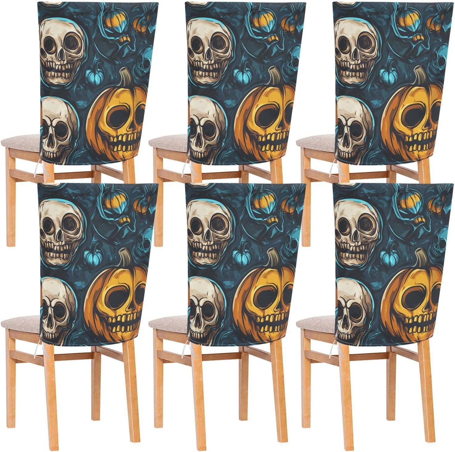 ALAZA Funny Skull and Pumpkins Chair Back Cover Set of 6, Washable Reusable Removable Chair Slipcovers Decorative Chair Cover for Home Kitchen Wedding Party