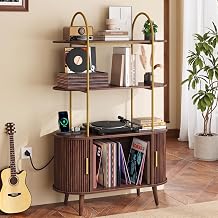 Tall Record Player Stand with Charging Station, 3 Tier Arched Shelf & Vinyl Record Storage Cabinet, Mid Century Fluted Media Turntable Stand, Wood Album Organizer for Living Room Walnut