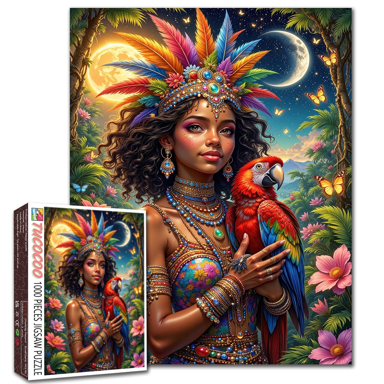 1000 Piece Jigsaw Puzzles for Adults Afro American Woman Puzzle Africa Black Girl Puzzles Game Moon ＆ Sun Forest Parrot Decor DIY Craft Bedroom Decor African Puzzle Art (27"x20")
