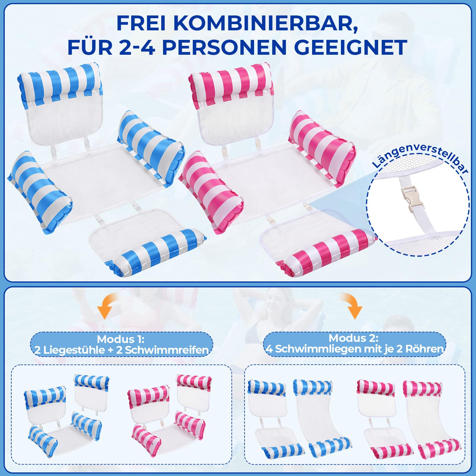 IEEILULU 5-in-1 Wasserhängematte mit Netz, 2 Stück Luftmatratze Pool Erwachsene, Aufblasbare Pool Hängematte mit 4 Luftkammern für Erwachsene für Reisen, Schwimmbad und Garten