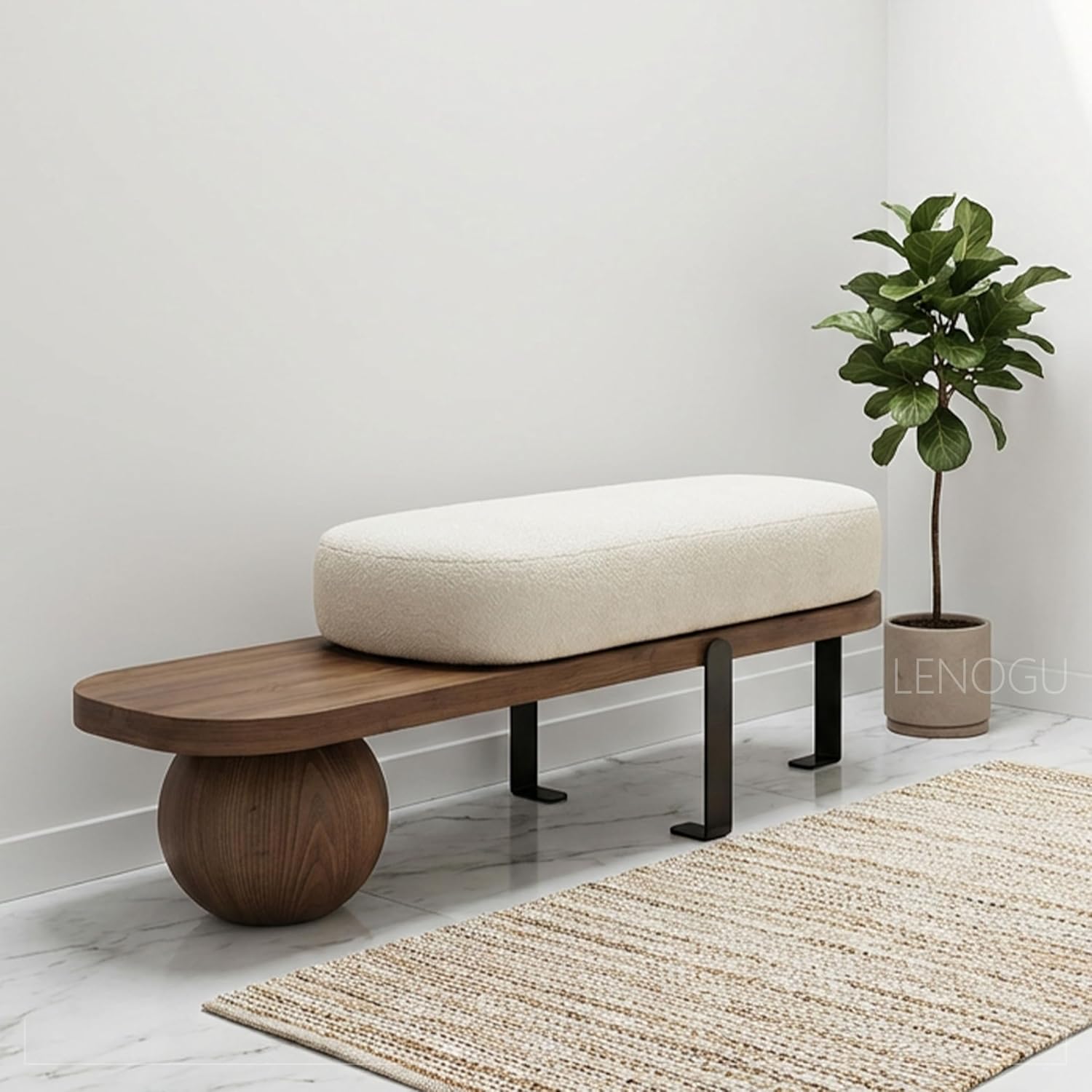 Modern Entryway Bench with Abstract Metal Leg,Wooden Boucle Bench,Upholstered End of Bed Bench,Shoe Changing Bench for Entryway Livingroom Bedroom (140cm/55)