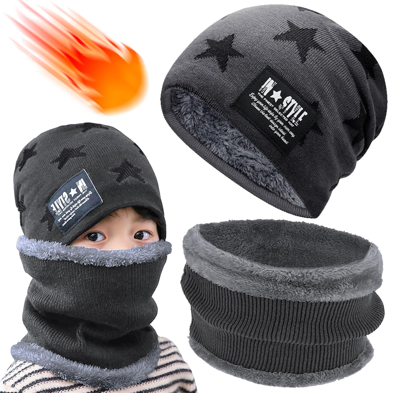 Ensemble Bonnet et Cache Cou, Tour de Cou pour Garçon Fille, Bonnet Garçon avec Snood d'hiver, Écharpe à Doublure Polaire pour Enfant (FR/ES, Alpha/lettres, L, gris)