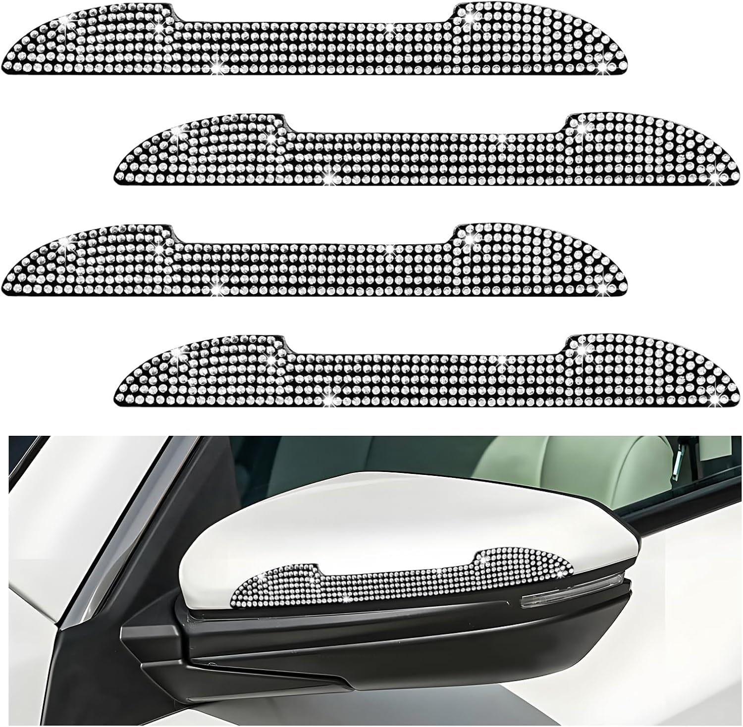 4PCS Bling Car Door Handle Scratch Protector, Crystal Auto Side Rear View Mirror Sticker Anti-Scratch Strip, Universal Vehicle Door Edge Guard Glitter Decoration for Women Men (White)