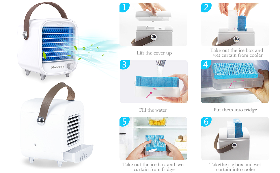 nicehedtop climatiseur portable ventilateur climatisation usb, mini refroidisseur mobile d'air personnel, 4 en 1 air cooler humidificateur fan, vitesse réglable lumière led pour bureau maison