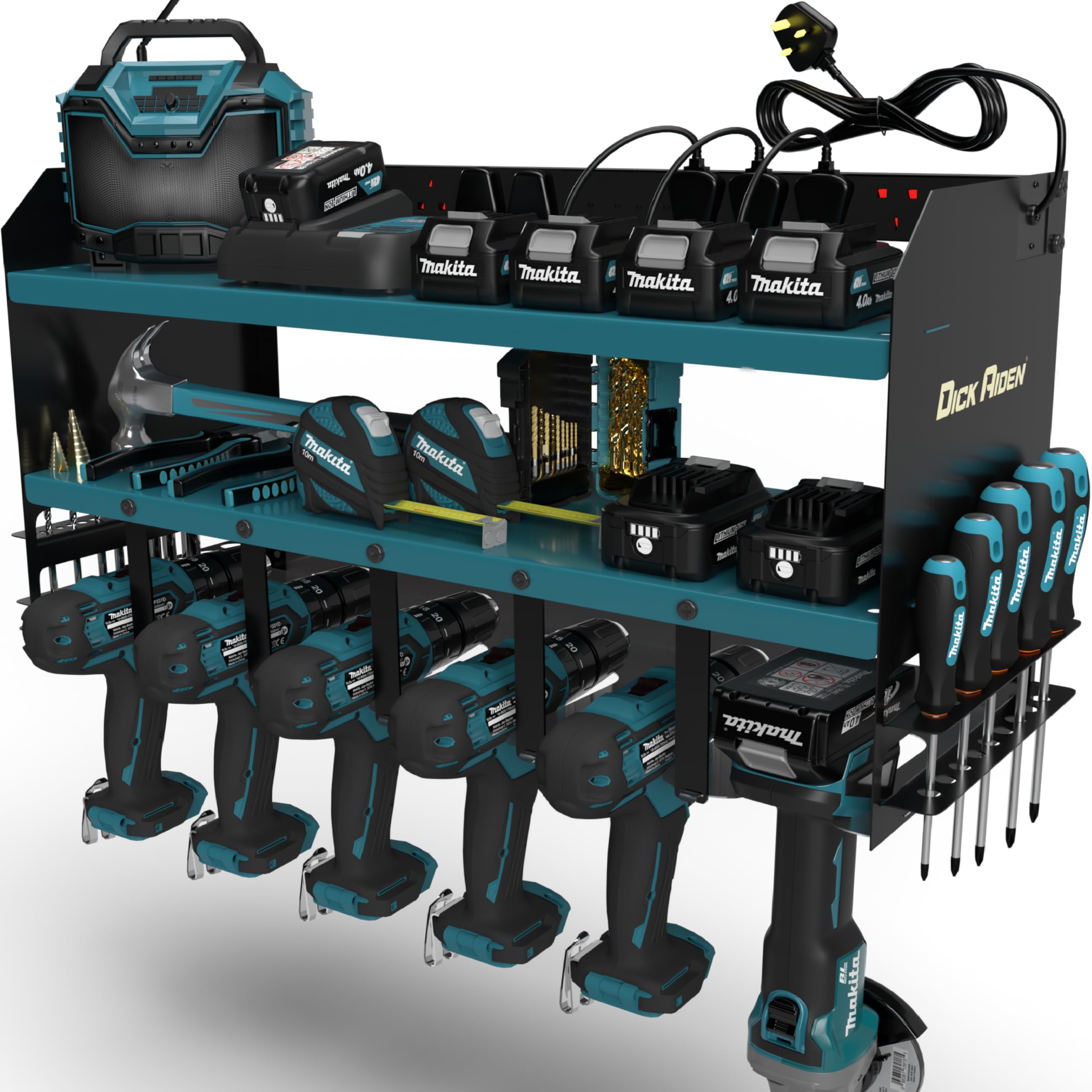Toolganize Blue 6-Slot Power Tool Organiser, Storage Rack With Power Strip Charging Station, Compatible With Makita, Heavy-Duty For Workshop & Garage Tools - 6 Slot, Makita Blue.