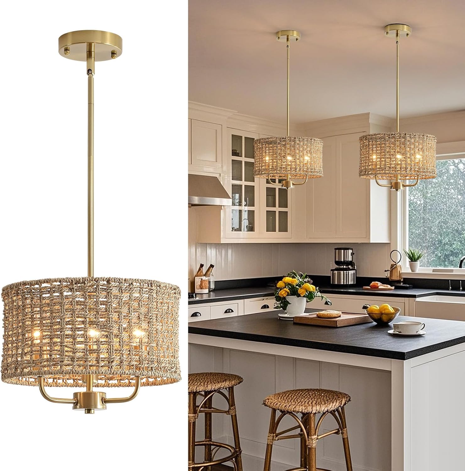 3-Light Rattan Chandelier Chandeliers for Dining Room, Boho Chandelier, Coastal Hand Woven Pendant Light Fixture for Kitchen Island Entryway Foyer Living Room Bedroom UL Listed Gold