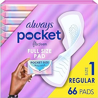 Always Pocket Feminine Pads with FlexFoam, Size 1, Regular, with Wings, Unscented, 66 Count (3 Packs of 22)