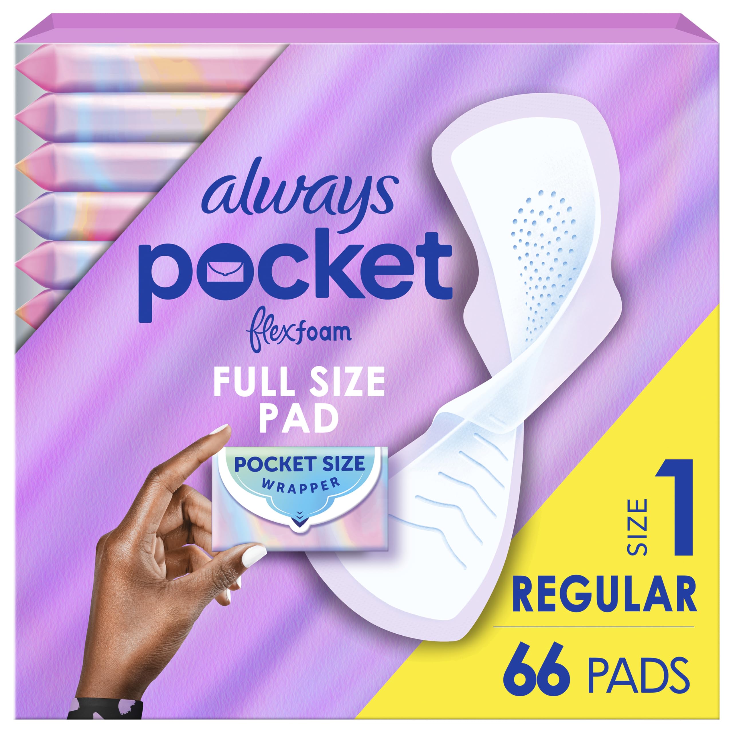 Always Pocket Feminine Pads with FlexFoam Size 1 Regular with Wings Unscented 66 Count 3 Packs of 22