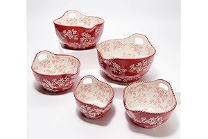 Temp-tations Set of 5 Mixing Bowls with Spouts and Handles in Floral Lace Red