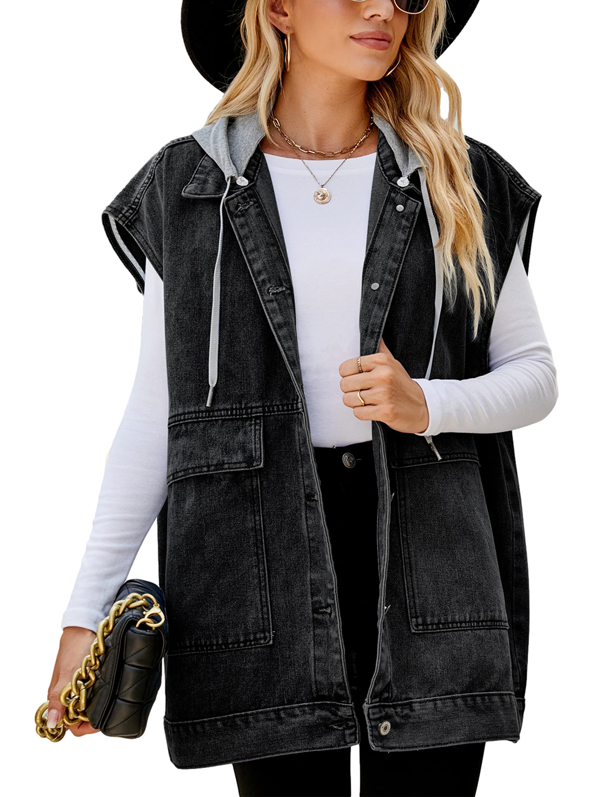 Zontroldy Denim Jean Vest for Women Oversized Sleeveless Button Down Denim Jean Vest Waistcoat Shacket Jacket