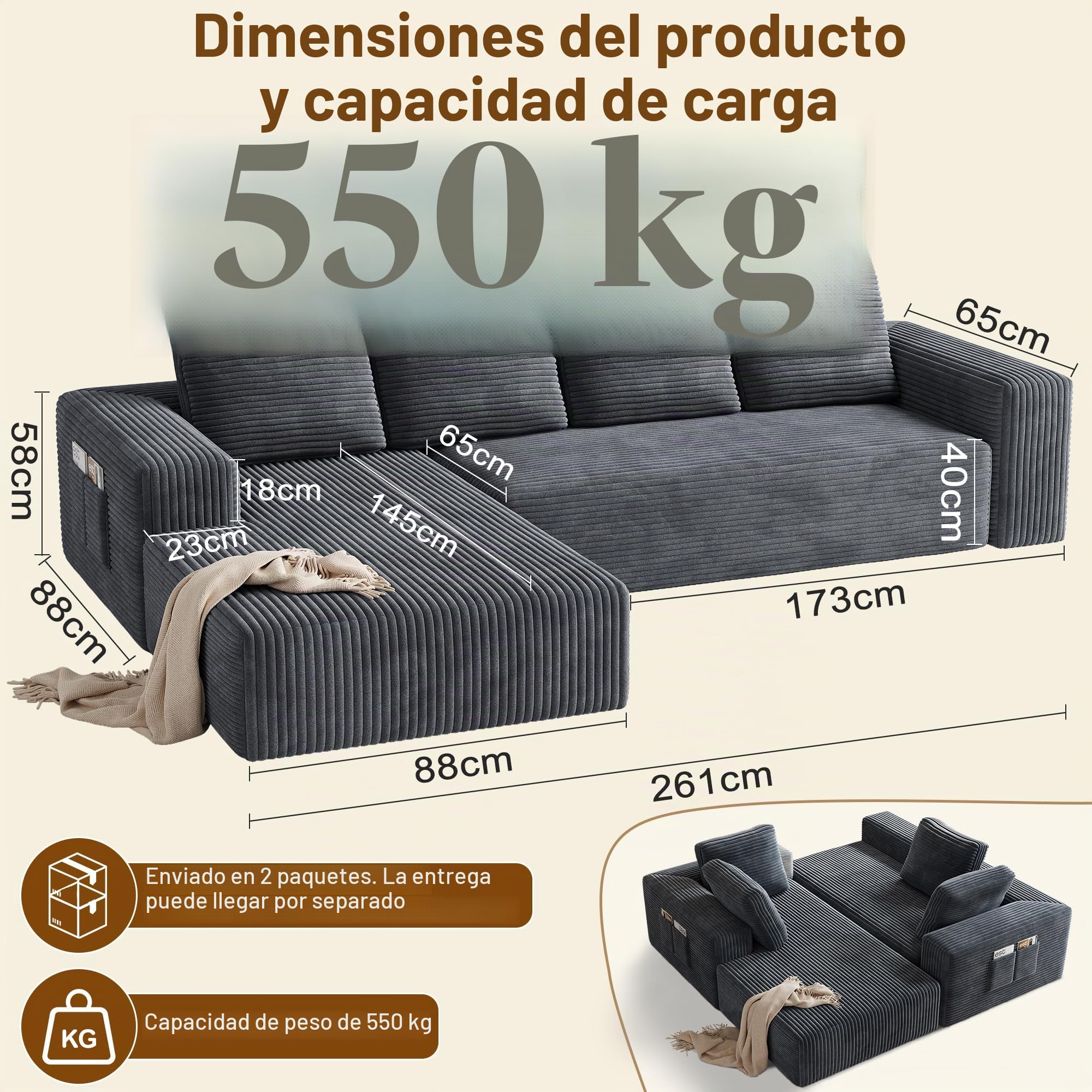 Sofá Esquinero Modular en L, Sofa 4 Plazas con función Cama y Chaise Longue Izquierda, Sofá Cama Chaise Longue (Gris)