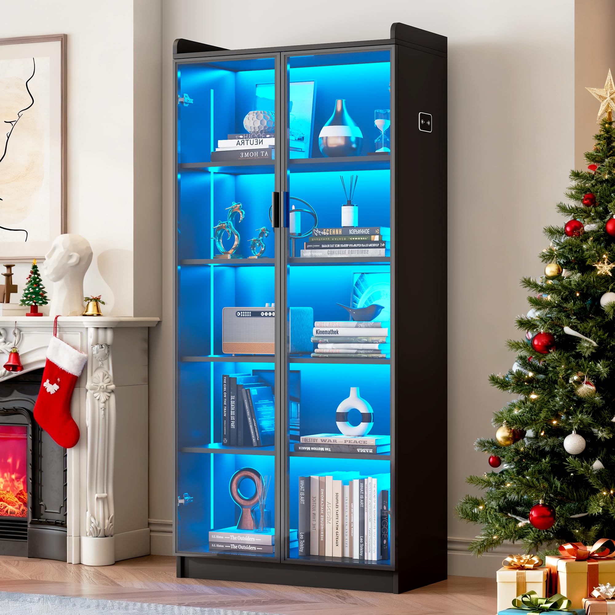 Dystler Display Cabinet with Glass Doors and Shelves, 65" Tall Curio Cabinet with LED Lights/Human Sensor, 5 Tier Display Case for Collectibles