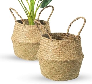 BrilliantJo Seagrass Belly Basket Set of 2 - Handmade Woven Plant Pot Holders, Storage Baskets for Picnic, Grocery, Home Decor - Medium 10.63x9.44 Inch