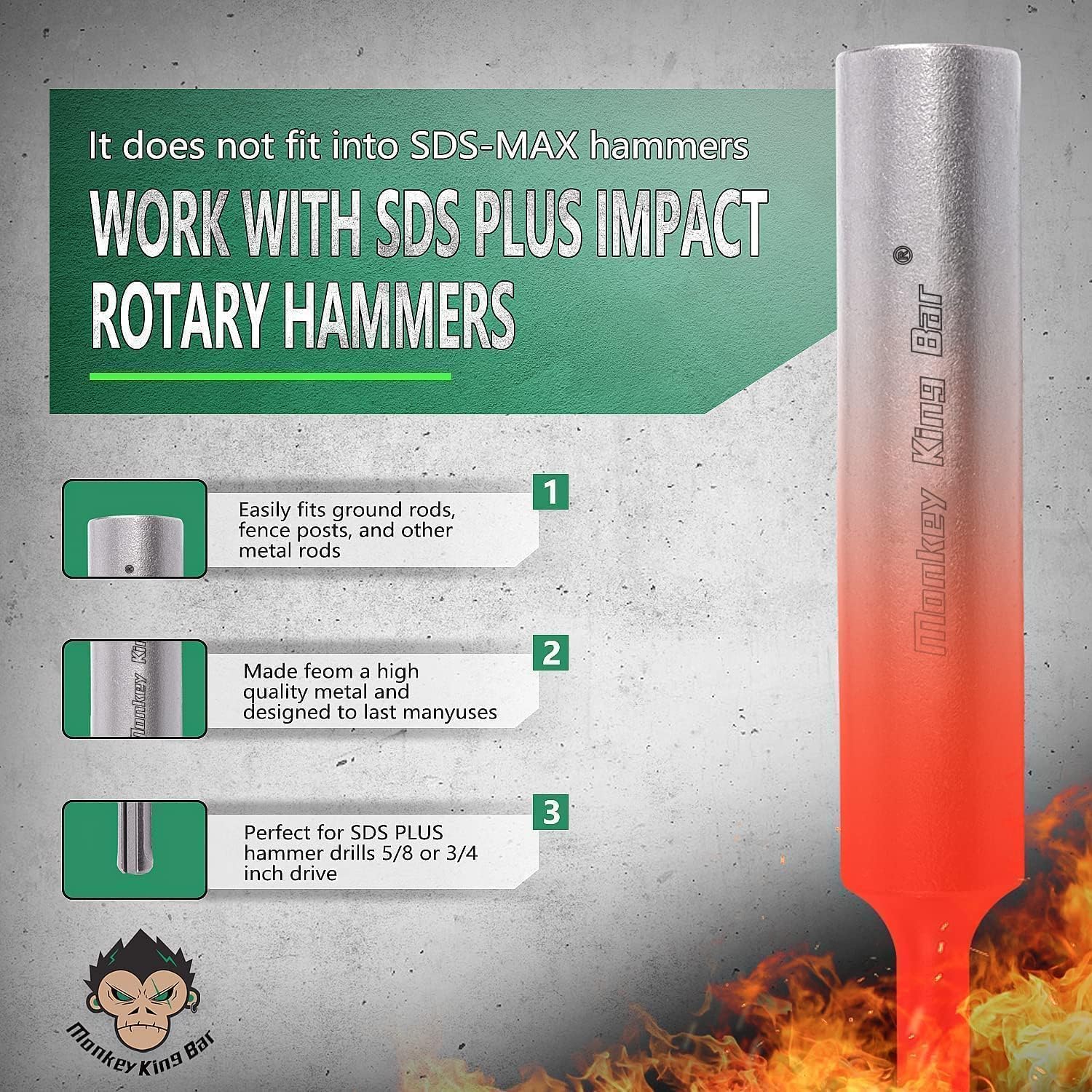 Monkey King Bar -SDS Plus Bits -5/8" and 3/4" Diameter Ground Rod Driver Use for SDS Plus Hammer Drills Bits