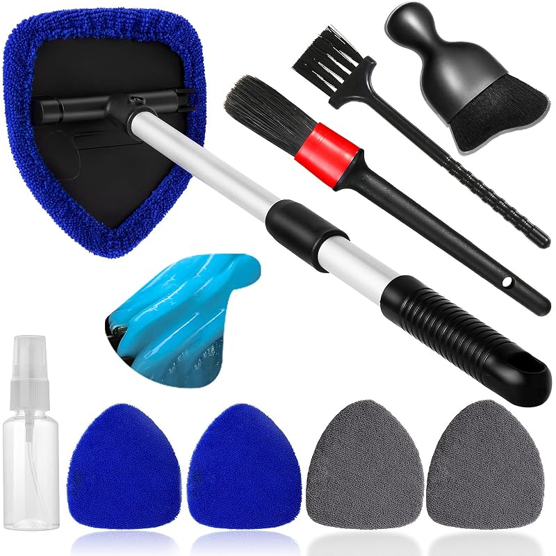 Kit de limpeza de para-brisa e interior automotivo Qydipclin azul e cinza, com cabo extensível, kit com 10 peças