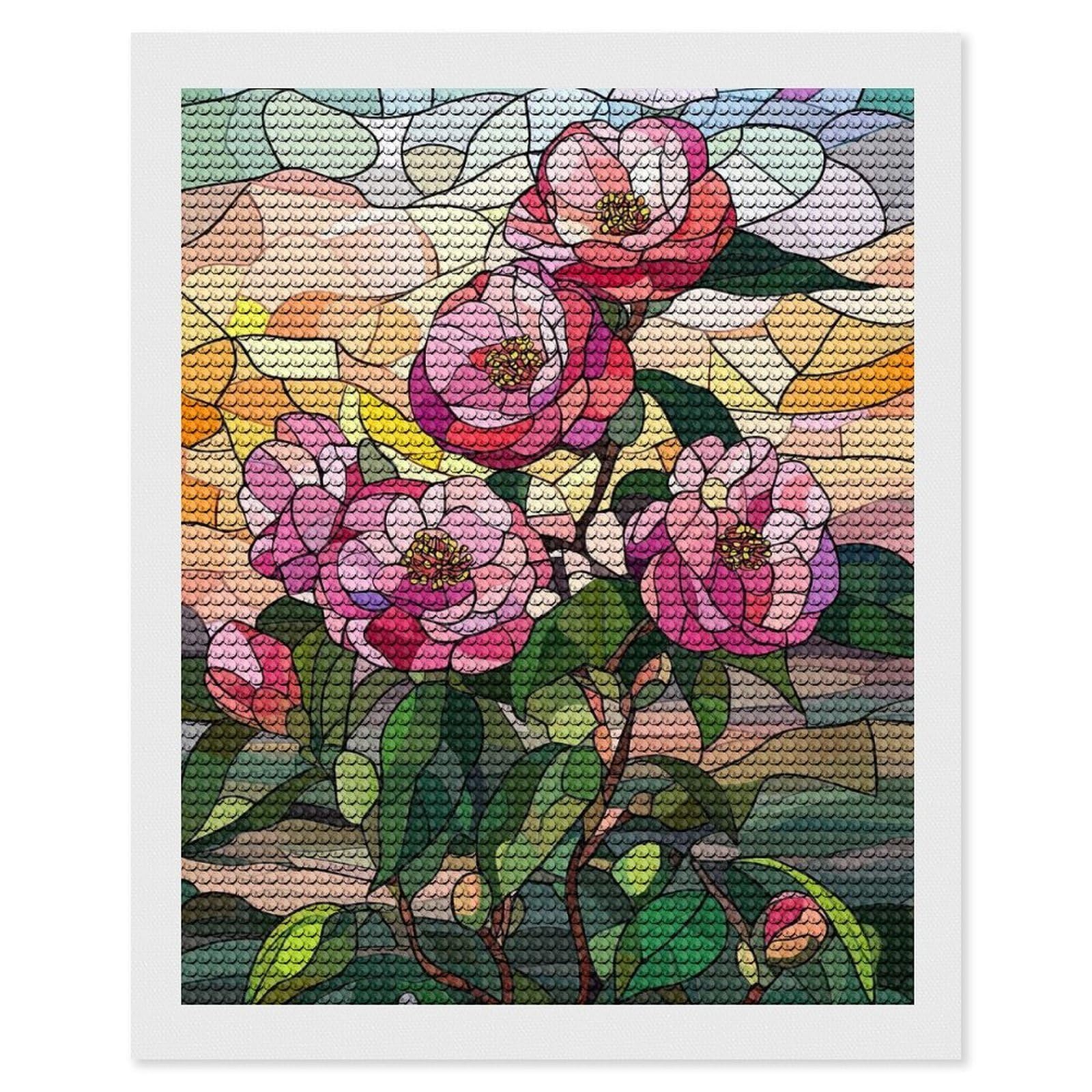 Junmoney Stained Glass Camellia Flowers Diamond Art Canvas 16"x20", Easy to Follow Symbols, Finish and Display, Fun Craft Experience, Aesthetic Room Decor