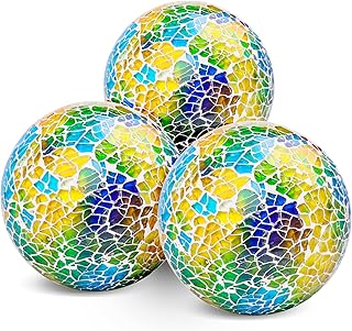DomeStar 3PCS Decorative Balls for Bowls, 3 Inch Rainbow Colors Orbs Glass Balls for Centerpiece Bowls Mosaic Sphere for Home Decoration Dining Table