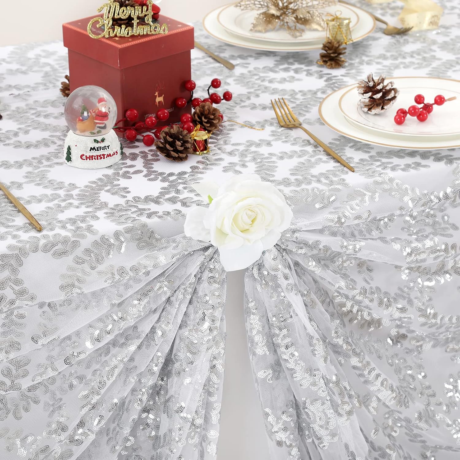 B-COOL Silver Tablecloth Sequin Table Cloth Glitz Table Overlay Wedding Tablecloth with Flower Christmas Tablecloth for New Year Wedding Parties 90x90 Inches