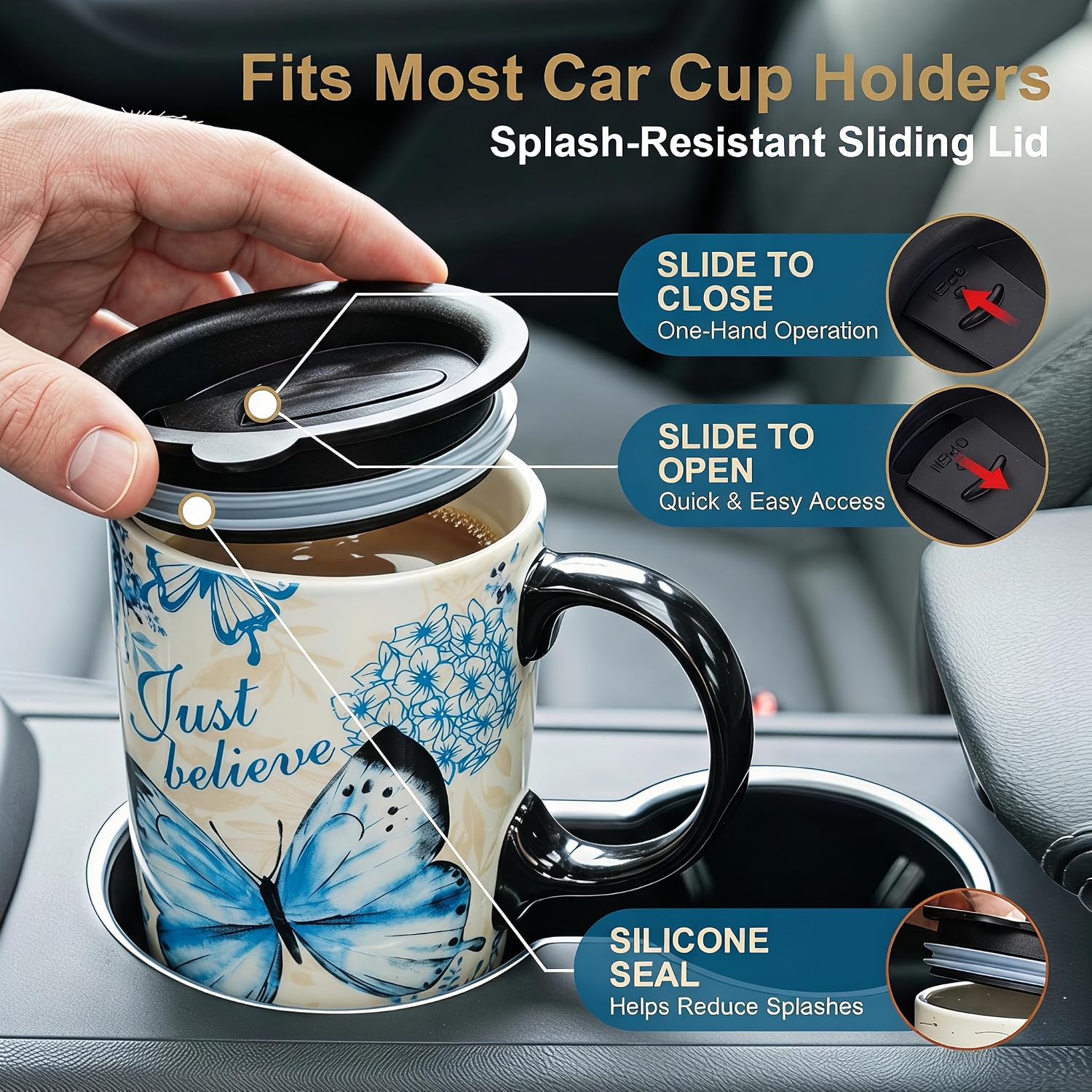Topadorn 17oz Ceramic Travel Mug with Lid, Just Believe Butterfly Mug