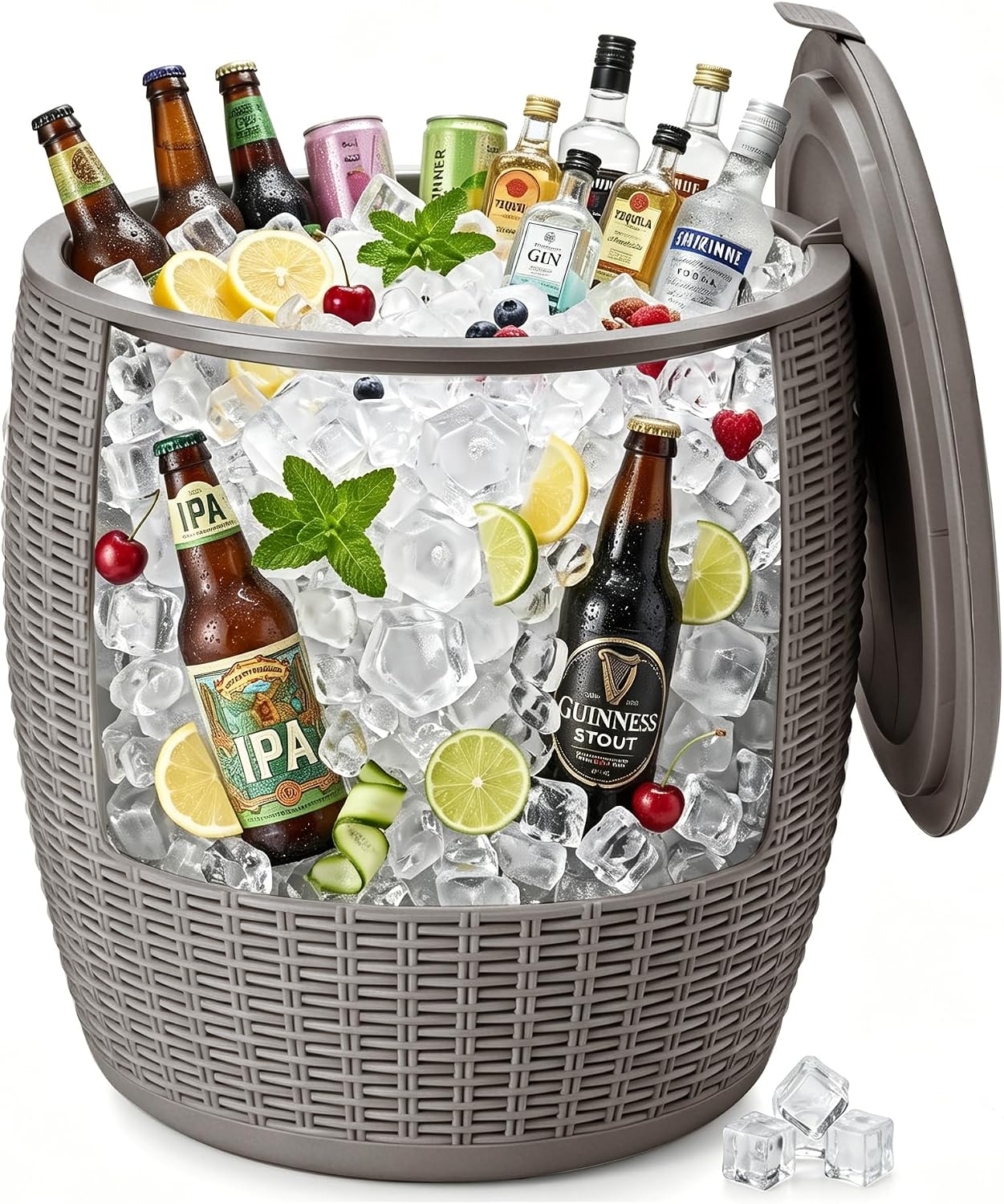 Zapdos 9.5 Gallon Outdoor Cooler Table, 4-in-1 Patio Side Table Cooler and Wicker Storage Stool, 330lbs Capacity Lid