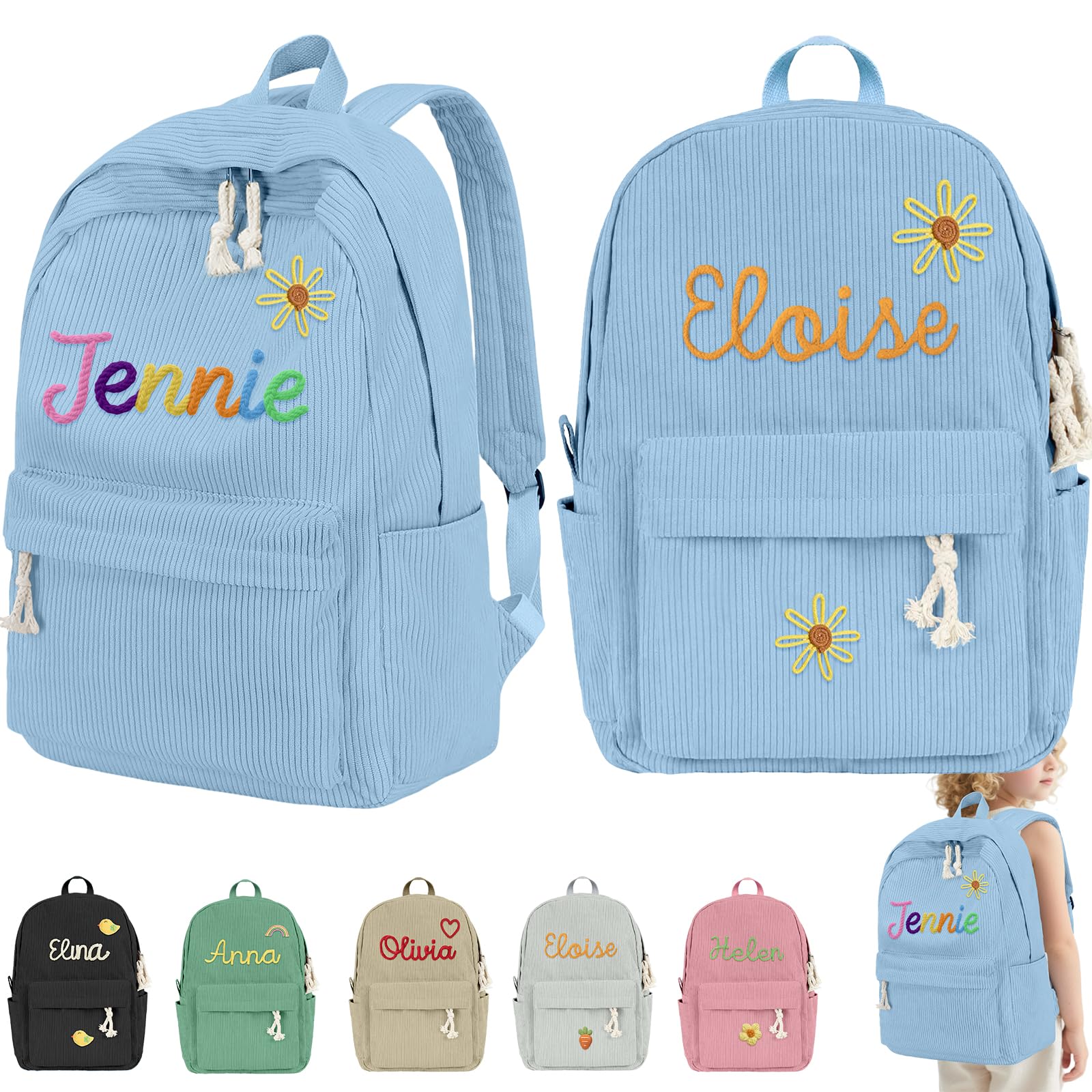 Akmxem Personalized Backpacks for Girls Boys with Name Custom Back to School Corduroy Bookbag Customized Bag Gifts for Kids Children Students Birthday