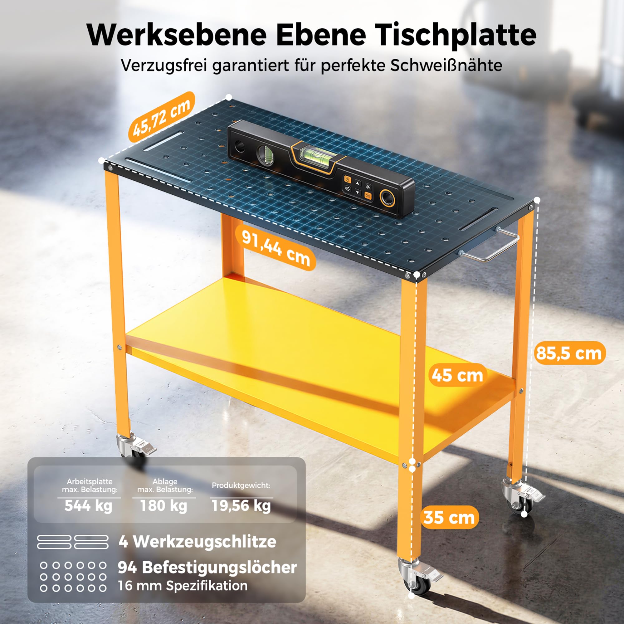 Mobiler Schweißtisch 91x46 cm, Tragkraft 544 kg, Werkbank Tischplatte für Schwarzer Oxidbeschichtung, 4 Feststellbare Rollen & Werkzeugschlitzen, 94 Befestigungslöcher, Stabil & Flexibel für Werkstatt