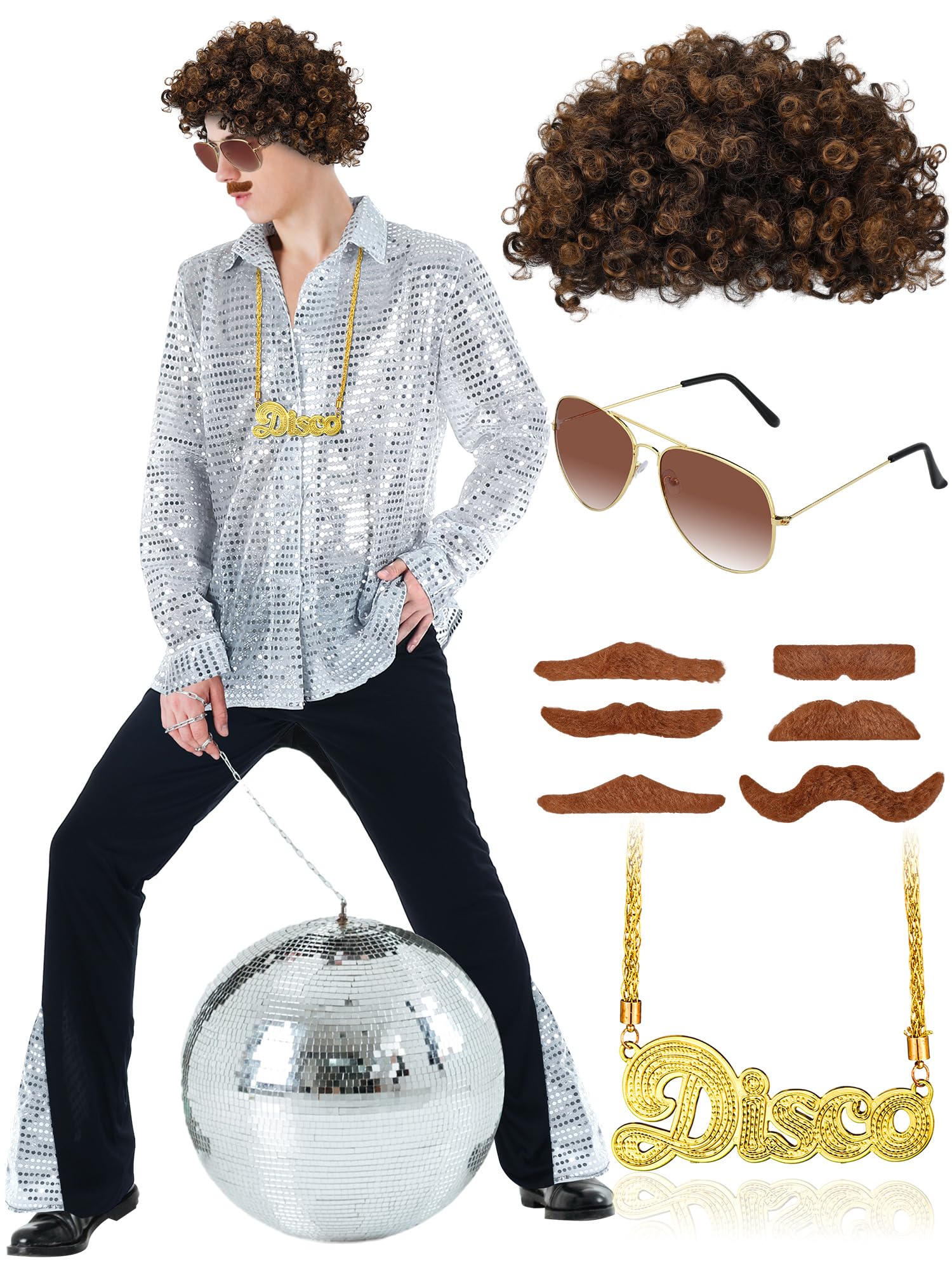 Mepase 5 Pcs 70s Men Disco Costume Outfit Set Shiny Shirt Pant Afro Curly Wig Gold Disco Necklace Fake Mustaches Sunglasses (Large)