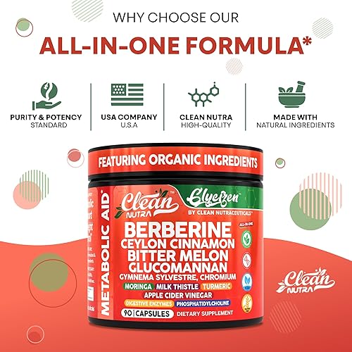 Miniatura 8 de Clean Nutra Berberine and Ceylon Cinnamon Supplement Bitter Melon Glucomannan Gymnema Sylvestre Chromium Moringa Milk Thistle Turmeric Apple Cider