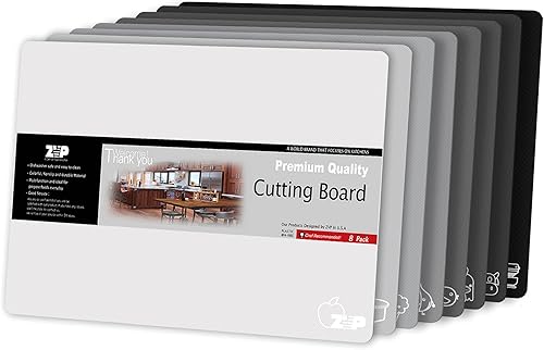 ZVP Tablas de cortar de plástico para cocina, alfombrillas de corte flexibles, tablas de cortar de color gris degradado con icono de comida,