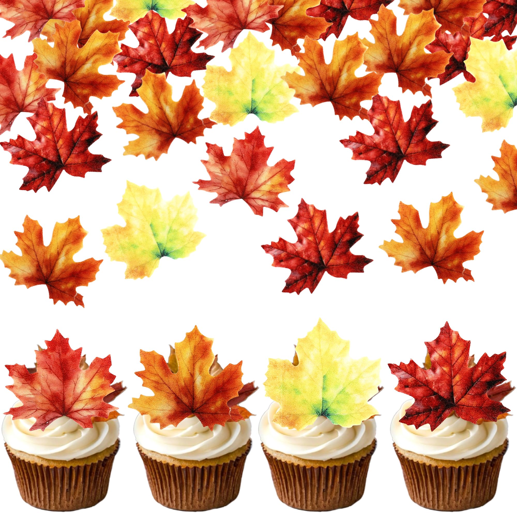 Xsstarmi 60 Pack Edible Fall Leaves Cupcake Toppers Maple Leaves Cake Toppers Decorations Edible Leaf Wafer Paper Fall Leaf Cupcake Decorations for Autumn Thanksgiving Party Baby Shower Supplies