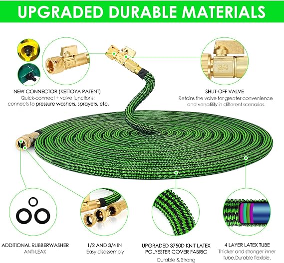 KETTOYA 100FT Expandable Garden Hose, Hose Pipe with 10-Pattern Spray Nozzle, 2-in-1 Valve Quick Connector, Flexible Heavy Duty Water Hose, Durable 3750D, 4-Layer Latex Core, Leak-Proof, Kink-Free