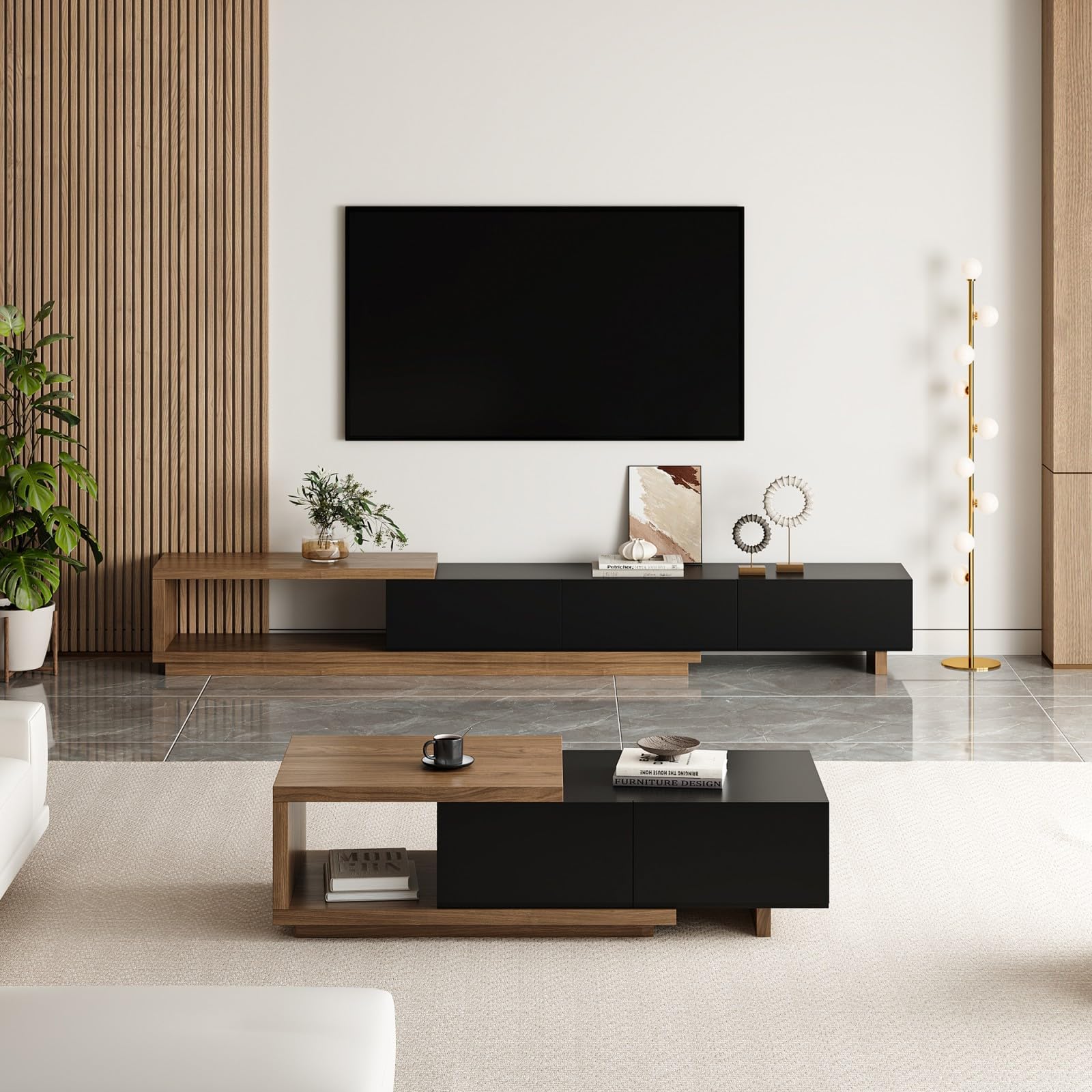 Homary Ausziehbarer Couchtisch aus Walnussholz 120 cm-175 cm mit 2 Schubladen, strapazierfähige Tischplatte, Elegantes Wohnzimmermöbel für kleine Räume (Schwarz und Walnuss)