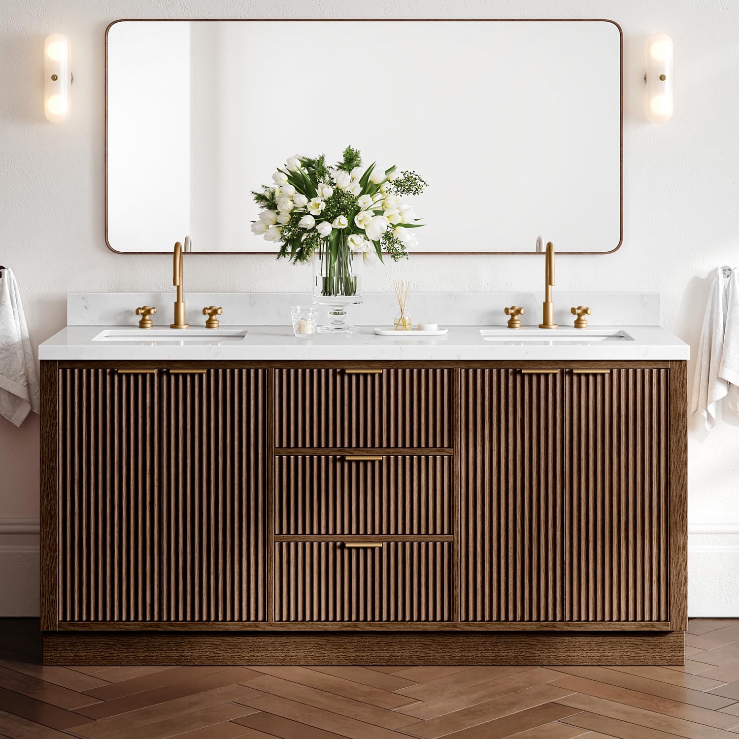 ARIEL Milan 72-inch Bathroom Vanity with Sink,Solid Wood, 1.5-inch Carrara White Quartz Countertop, Double Rectangular Porcelain Sink, Soft Closing