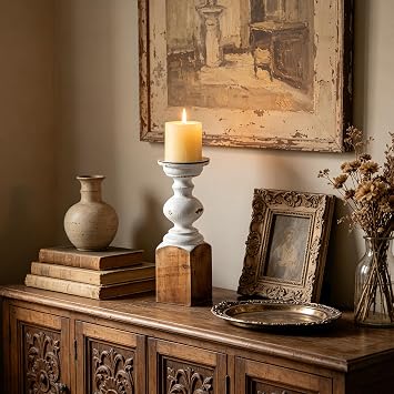 SOFE Wood Farmhouse Candle Holders, 11" Tall White Candle Holders for Pillar Candles, Rustic Candle Stand for Mantel, Coffee Centerpiece Table Decorations, Living Room, Dining Room Decor