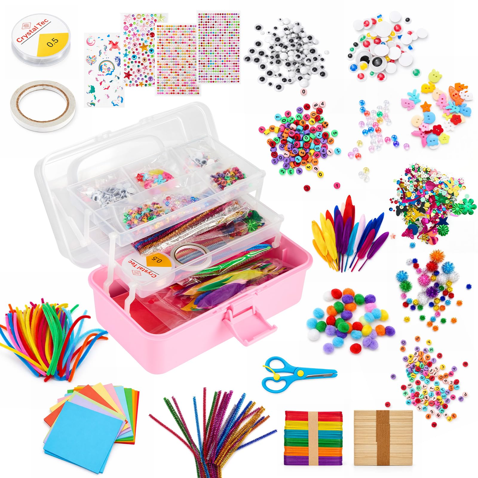 3000+ Pcs Arts and Crafts Supplies Box for Kids Ages 4+ All-in-One Creative Craft Set with Storage Box, Includes Pom Poms Pipe Cleaners Feathers Beads More Perfect DIY Gift for Boys Girls (Pink)