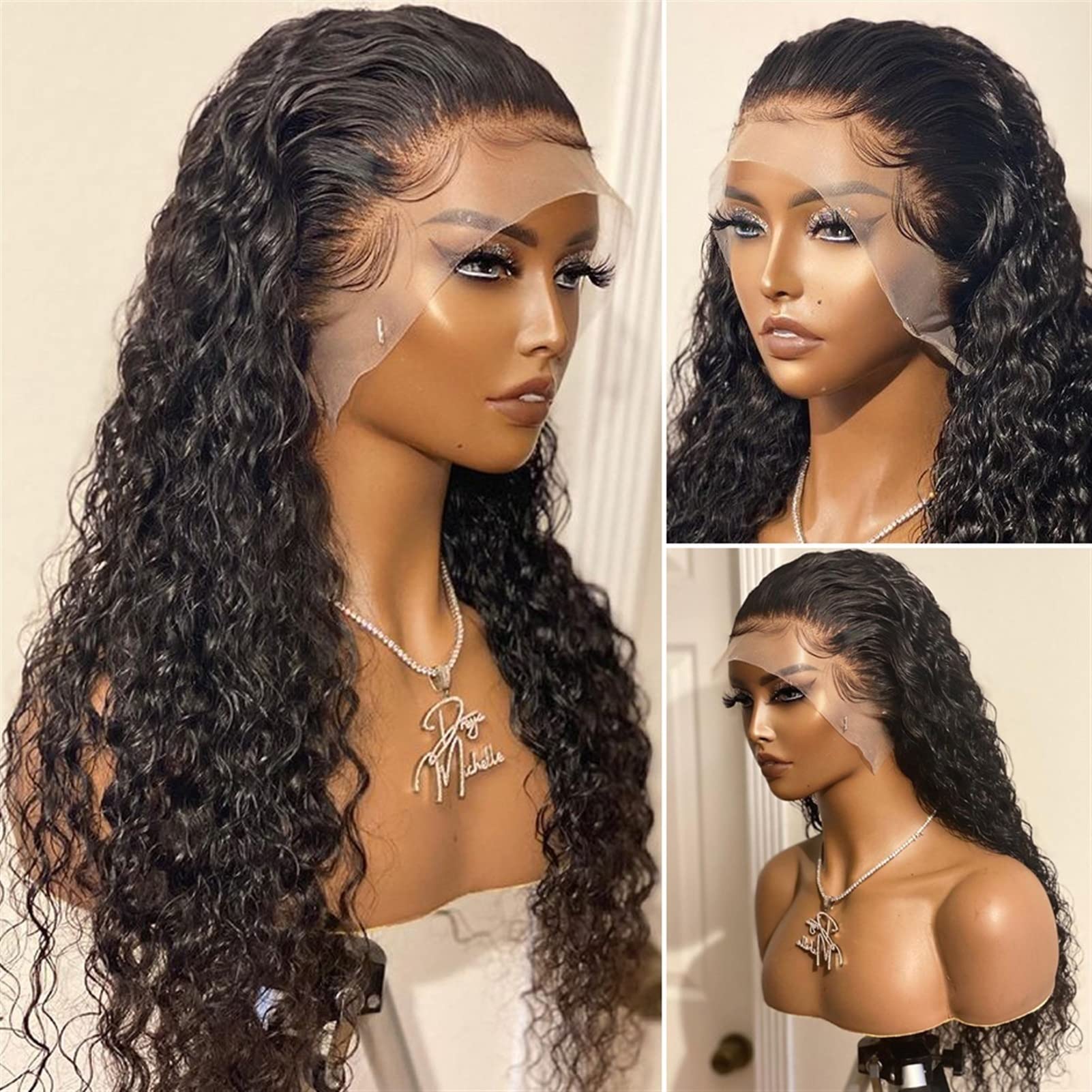 Parrucca sintetica in pizzo con capelli del bambino anteriore in nero riccio crespo lungo morbido for donne nere in fibra Pre-pizzicata Linea sottile naturale senza colla(26inches)