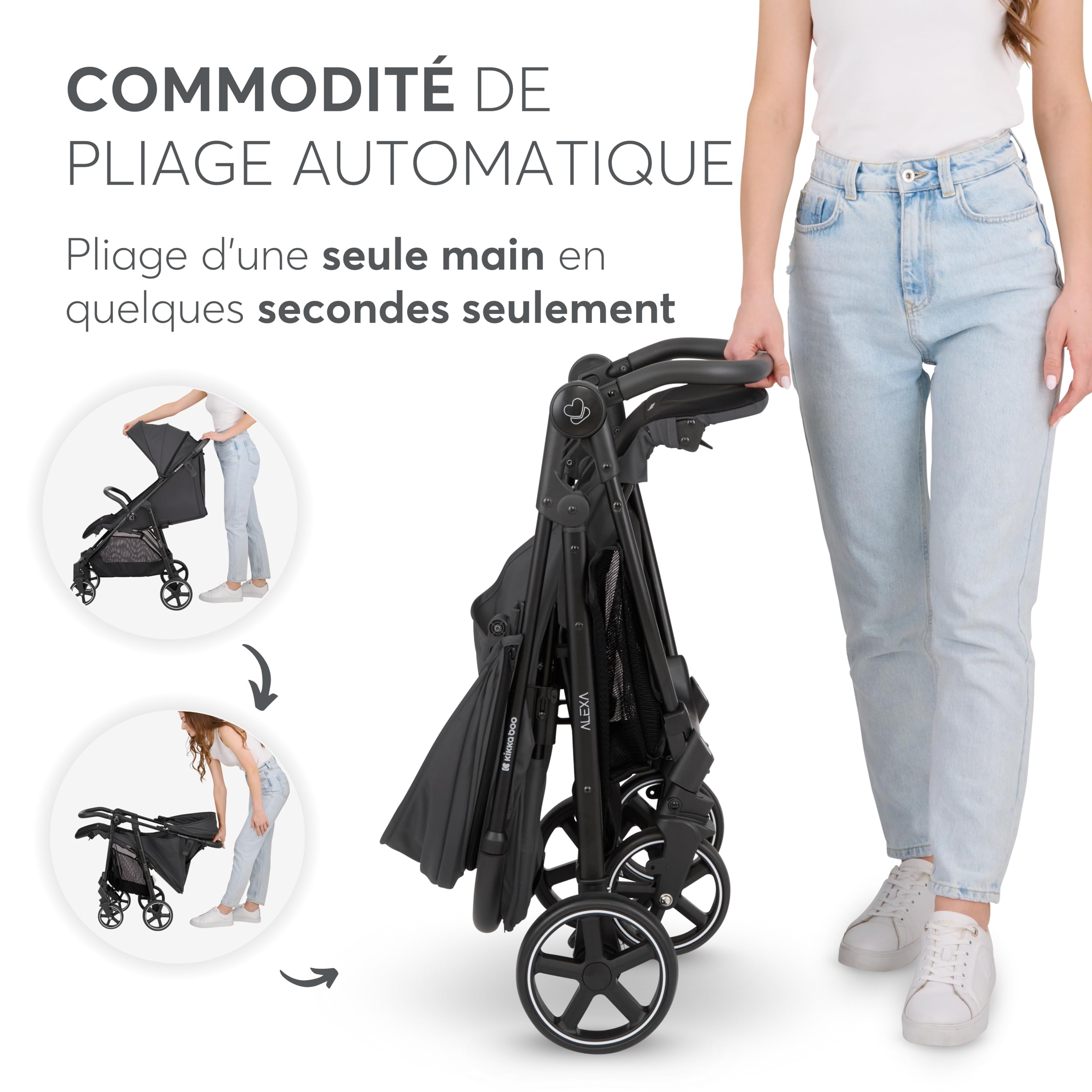 Poussette KikkaBoo ALEXA, poussette bébé jusqu'à 22 kg, légère, compacte, pliable d'une seule main, dossier inclinable, repose-pieds réglable, harnais à 5 points, Noir